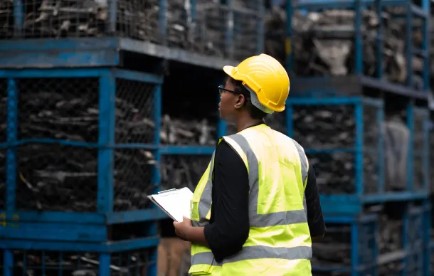 Worker inspecting metal storage, emphasizing reclaiming operations for precious metals.